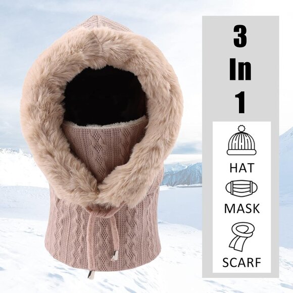 🆕 Women Cream Winter Balaclava Hat Ski Warm Thick Fluff Beanie Adult Neck Face - Picture 4 of 7